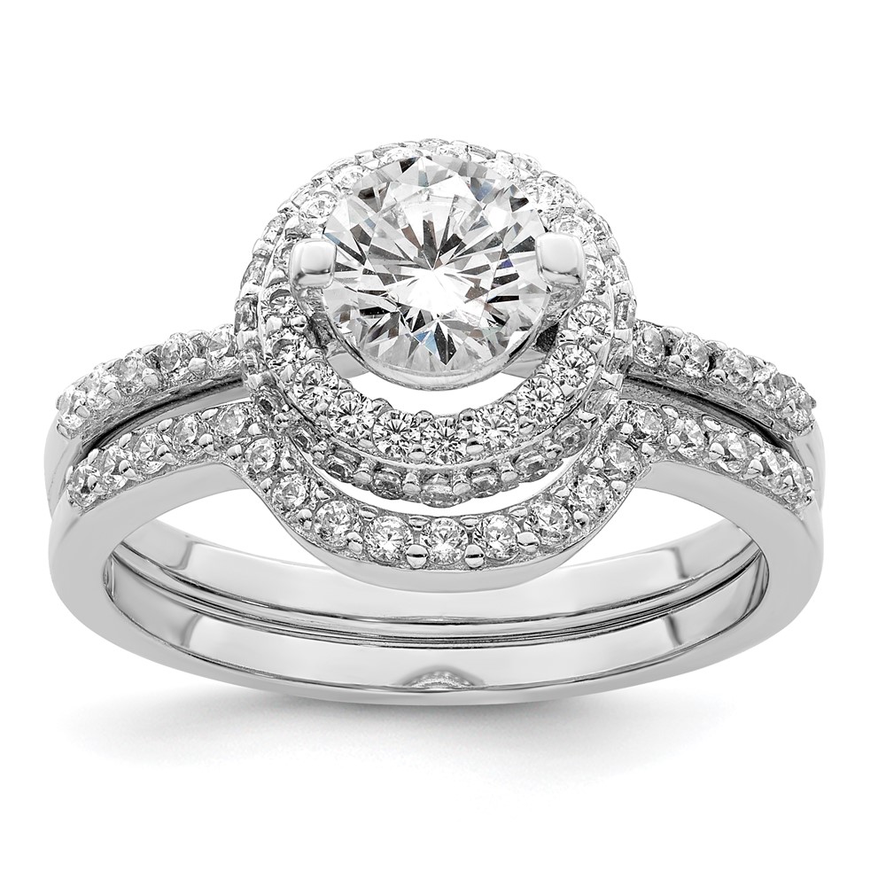 Sterling Silver Rhodium-plated CZ Halo Engagement Ring & Band Set (QR7299-6)