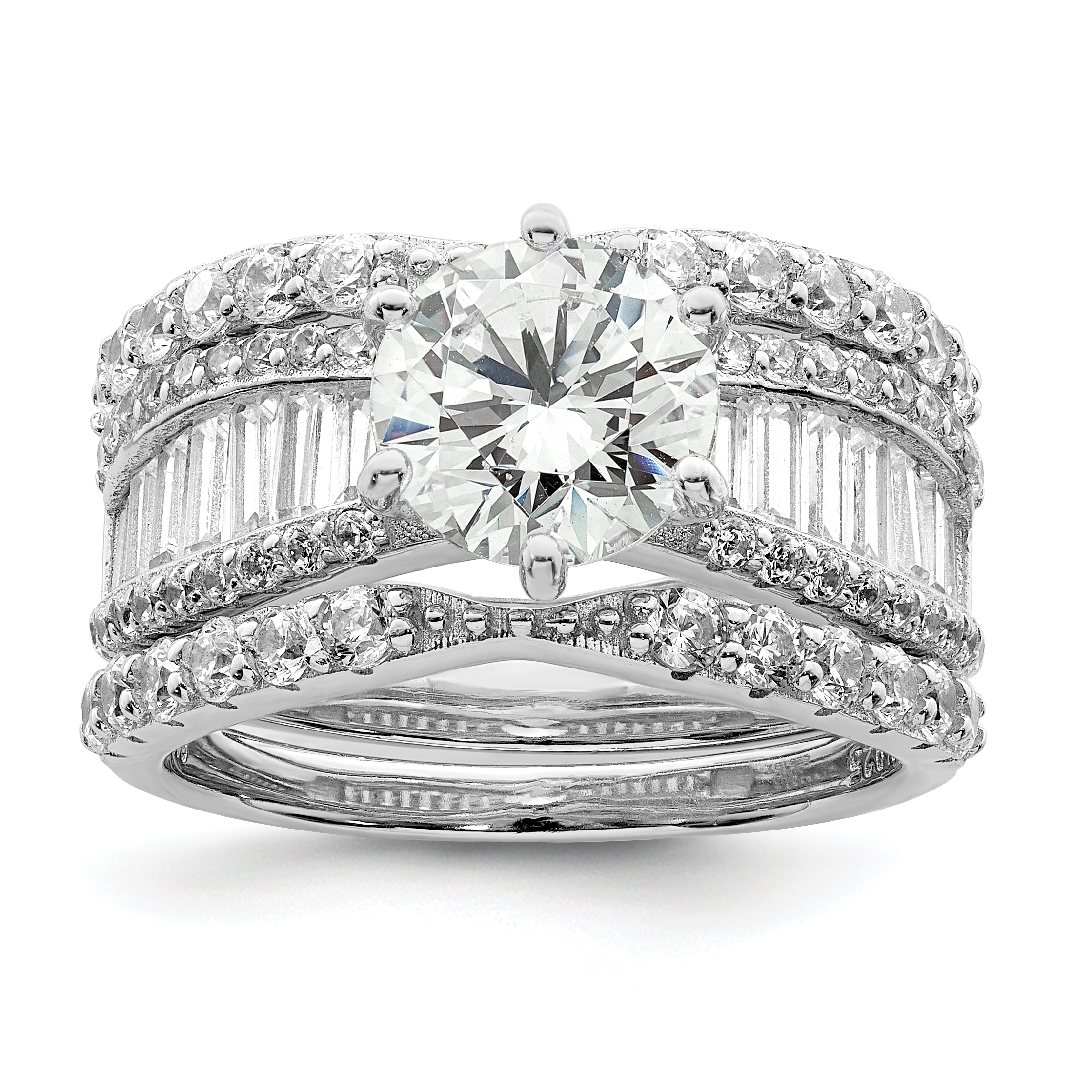 Sterling Silver Polished Rhodium-plated CZ Trio 3 Ring Set (QR7301-8)