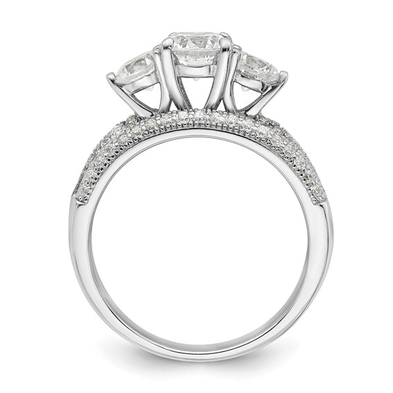 Sterling Silver Rhodium-plated CZ 3 Stone Pave Band Engagement Ring Set