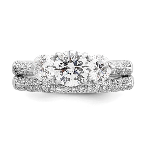 Sterling Silver Rhodium-plated CZ 3 Stone Pave Band Engagement Ring Set