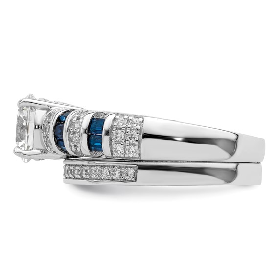 Sterling Silver Rh-plated Polished Blue & White CZ Engagement & Band Ring