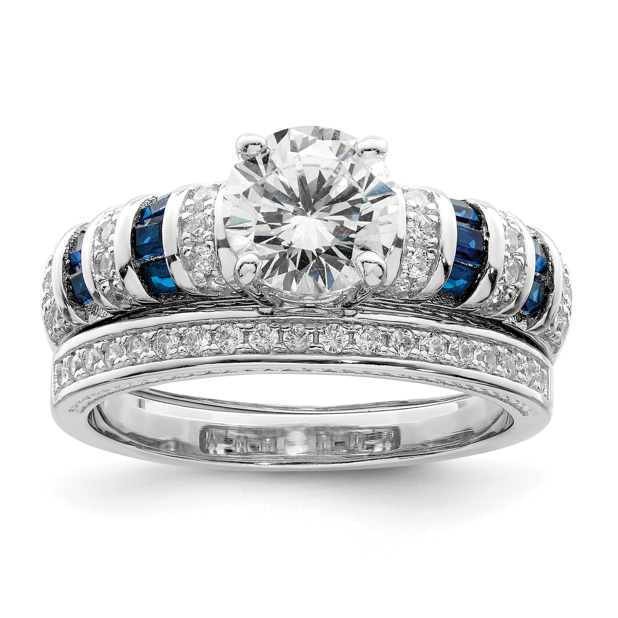 Sterling Silver Rhodium-plated Polished Blue & White CZ Engagement & Band R (QR7303-6)
