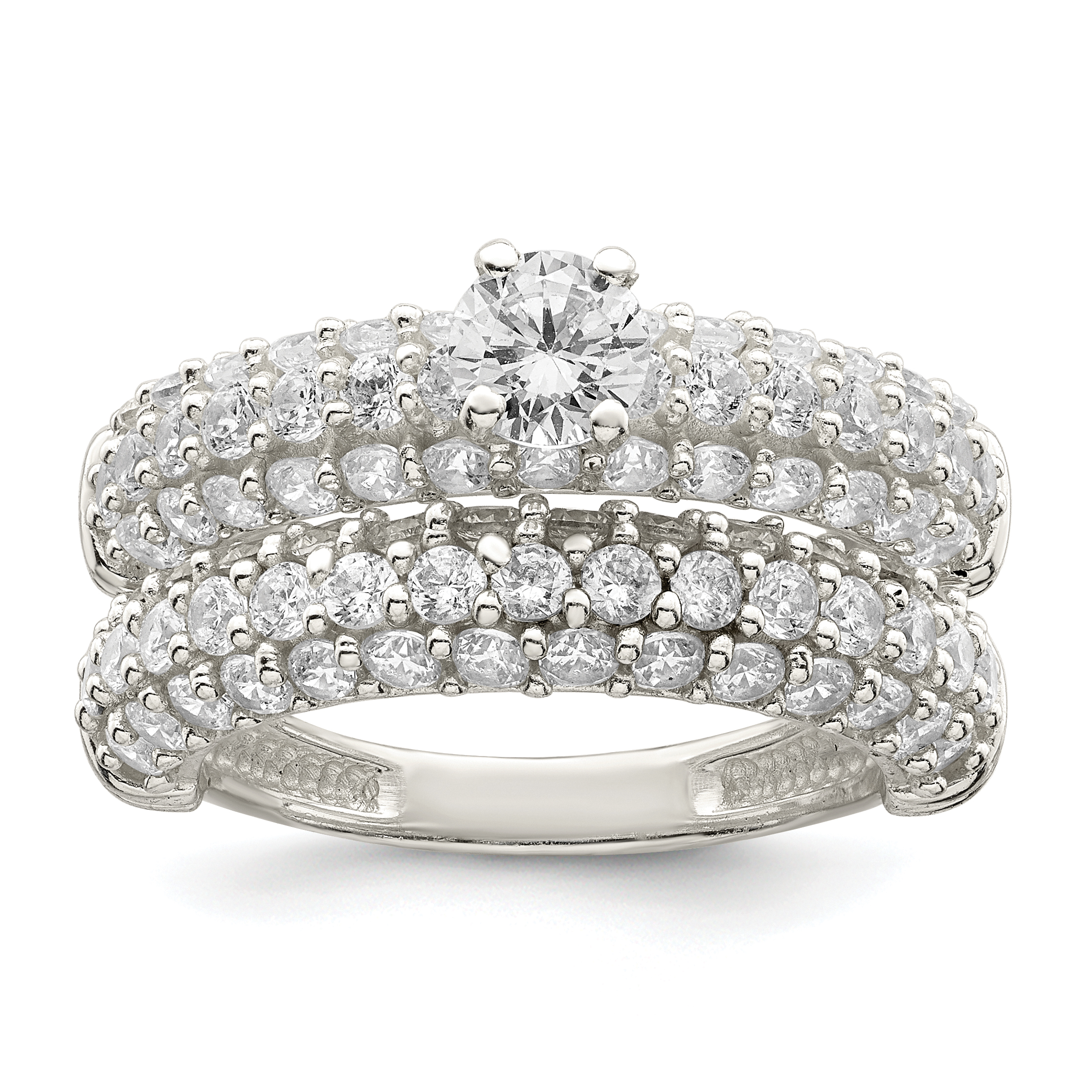 Sterling Silver Polished Pave CZ Wedding Ring Set (QR7304-6)