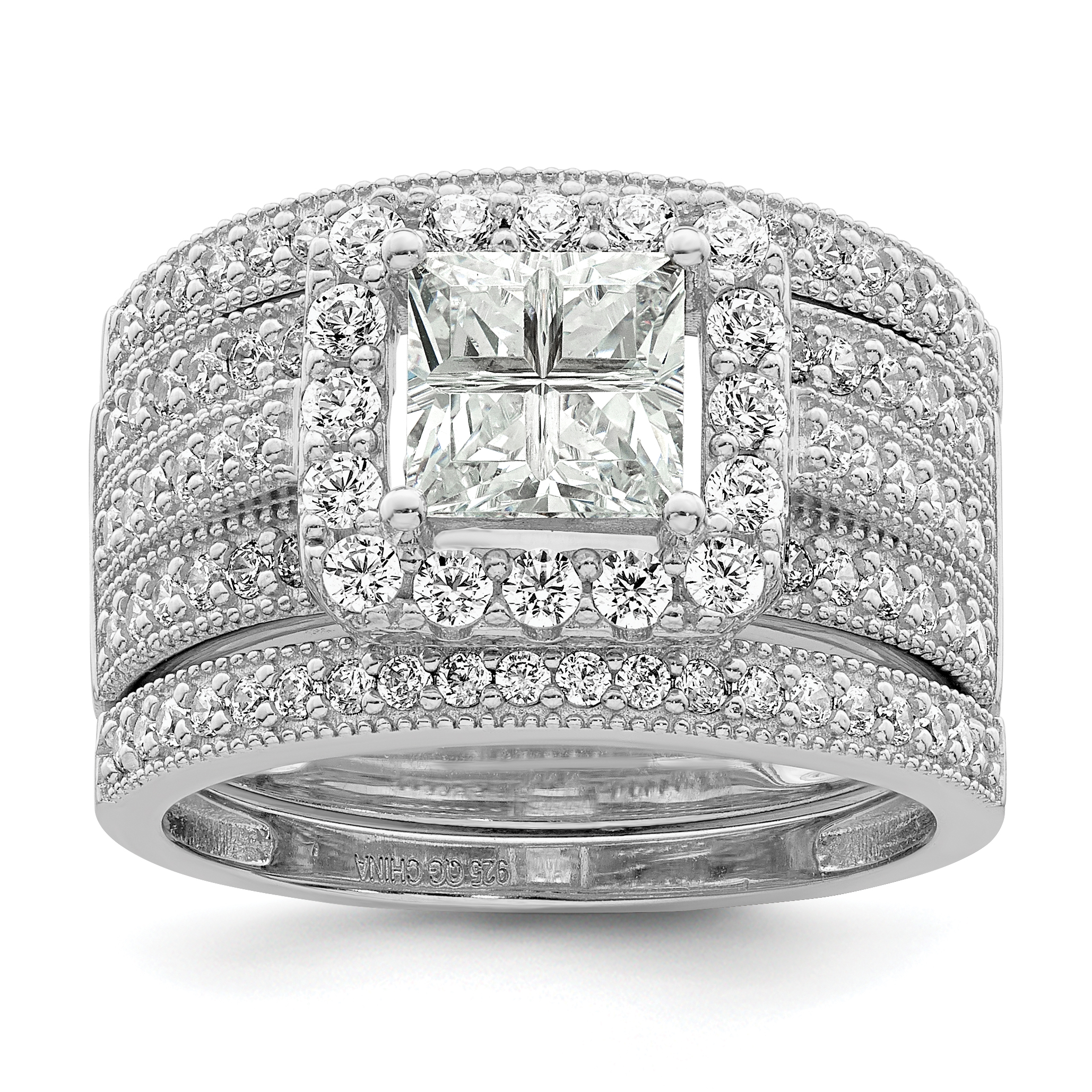 Sterling Silver Rhodium plated CZ 3 piece Bridal Ring Set (QR7305-6)