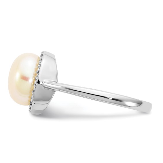 Sterling Silver Rhodium-plated 9-10mm Button White Freshwater Cultured Pearl and CZ Ring