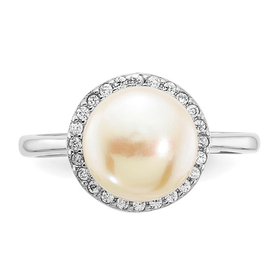 Sterling Silver Rhodium-plated 9-10mm Button White Freshwater Cultured Pearl and CZ Ring