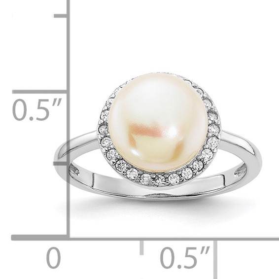 Sterling Silver Rhodium-plated 9-10mm Button White Freshwater Cultured Pearl and CZ Ring