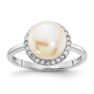 Sterling Silver Rhodium-plated 9-10mm Button White Freshwater Cultured Pearl and CZ Ring