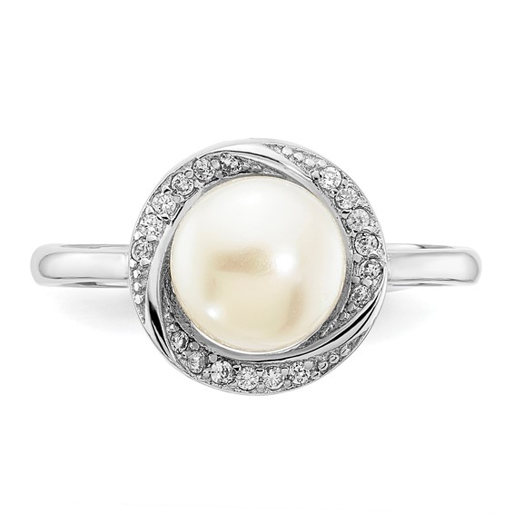 Sterling Silver Rhodium-plated 7-8mm Button White Freshwater Cultured Pearl and CZ Ring