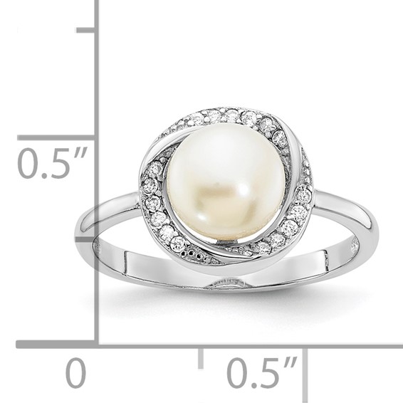 Sterling Silver Rhodium-plated 7-8mm Button White Freshwater Cultured Pearl and CZ Ring