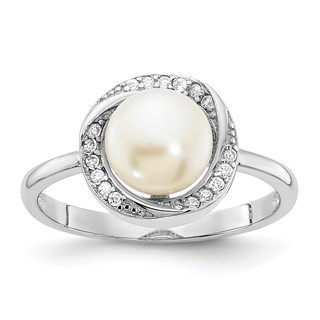 Sterling Silver Rhodium-plated 7-8mm Button White Freshwater Cultured Pearl and CZ Ring