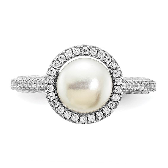 Sterling Silver Rhodium-plated 7-8mm Button White Freshwater Cultured Pearl and CZ Ring