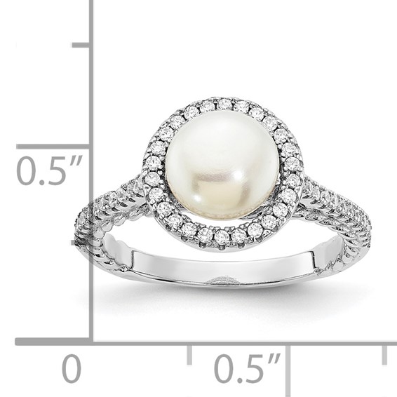 Sterling Silver Rhodium-plated 7-8mm Button White Freshwater Cultured Pearl and CZ Ring
