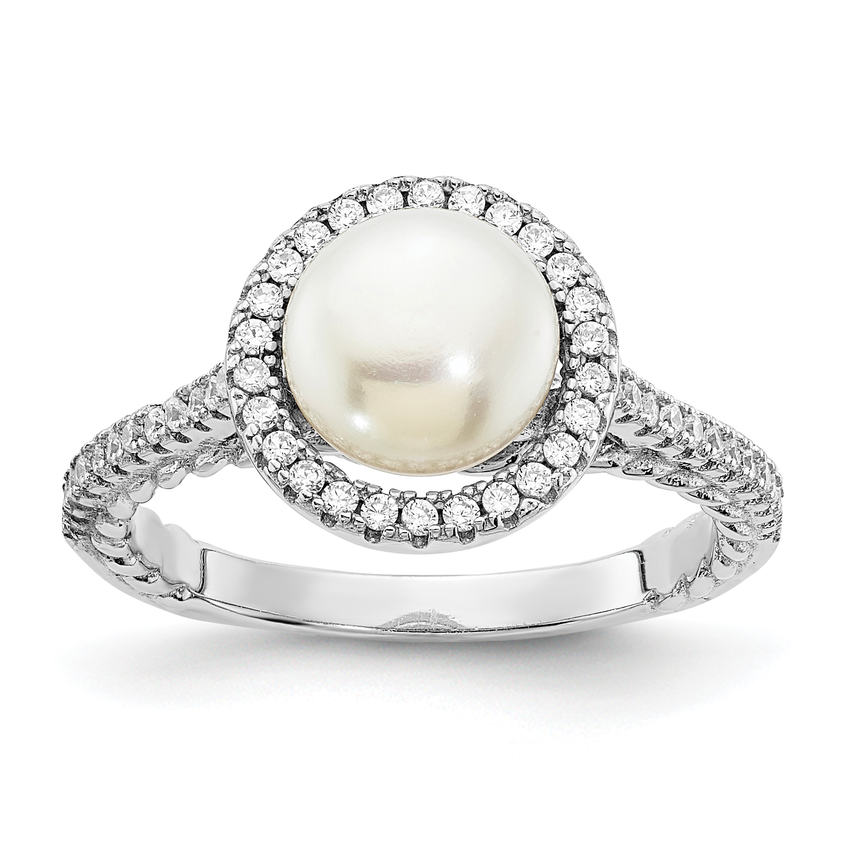 Sterling Silver Rhodium-plated 7-8mm Button White Freshwater Cultured Pearl and CZ Ring (QR7321-6)