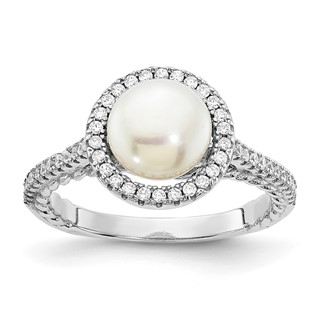 Sterling Silver Rhodium-plated 7-8mm Button White Freshwater Cultured Pearl and CZ Ring