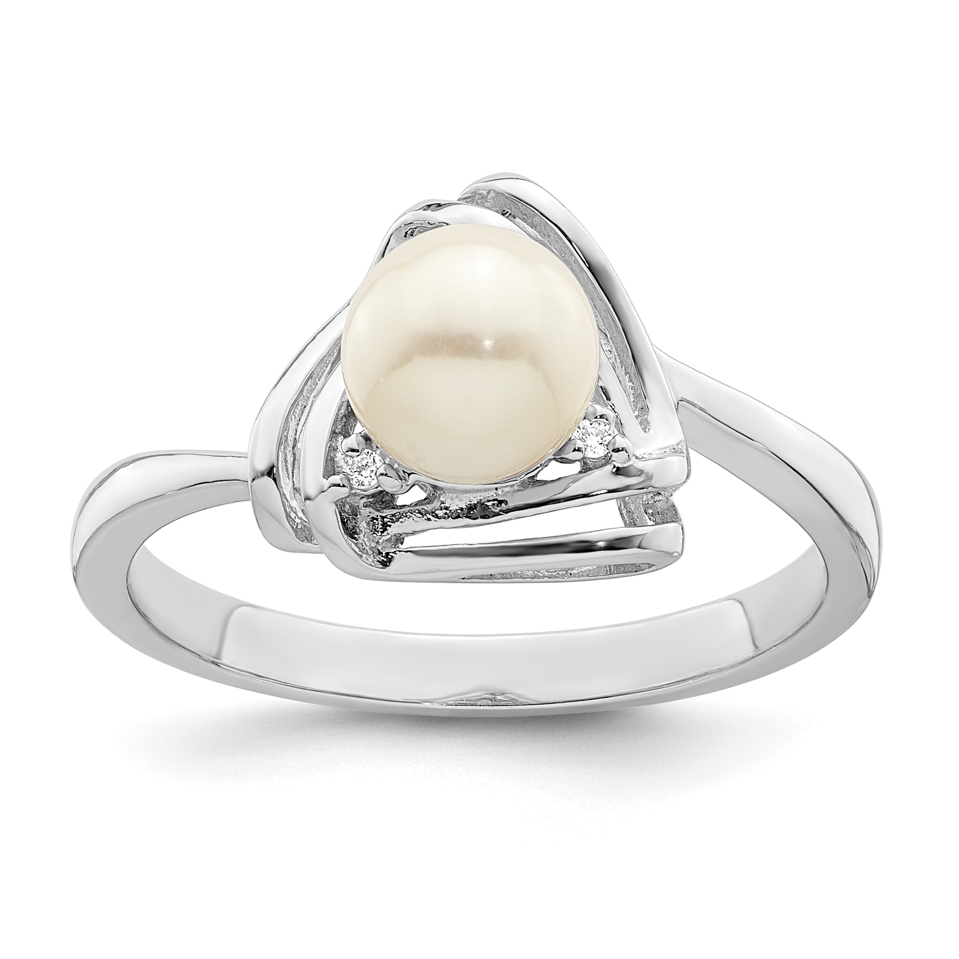 Sterling Silver Rhodium-plated FWC Pearl and CZ Triangle Ring (QR7322-6)