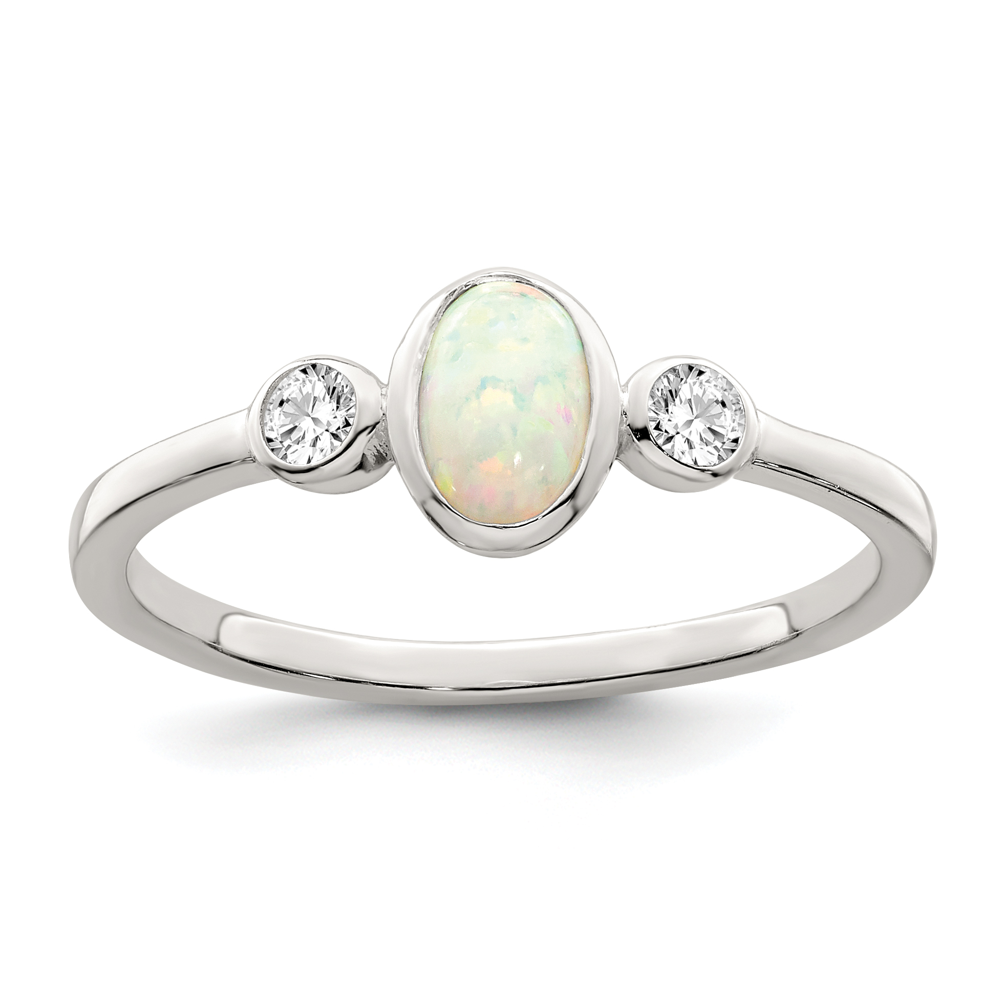 Sterling Silver Polished CZ and White Created Opal Ring (QR7327-6)