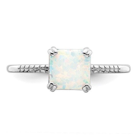 Sterling Silver Rhodium-plated Polished Square White Created Opal Ring