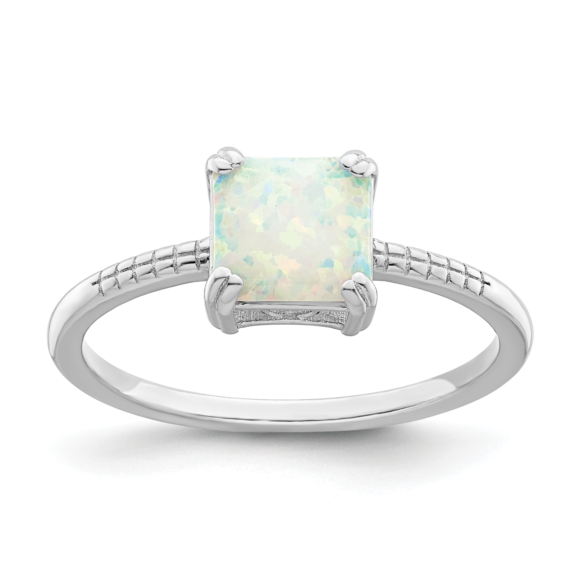 Sterling Silver Rhodium-plated Polished Square White Created Opal Ring (QR7328-6)