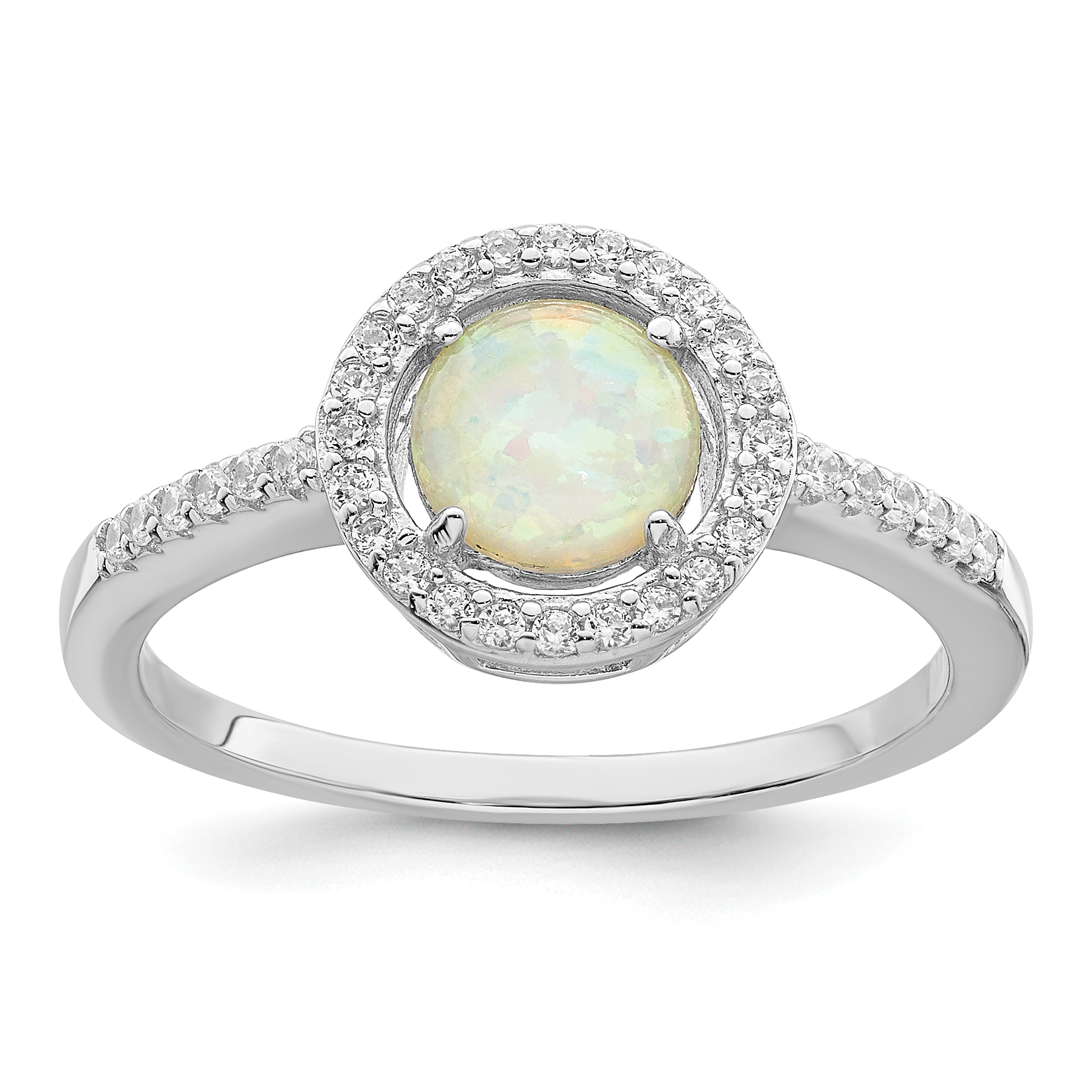 Sterling Silver Rhodium-plated Polished White Created Opal CZ Halo Ring (QR7329-6)