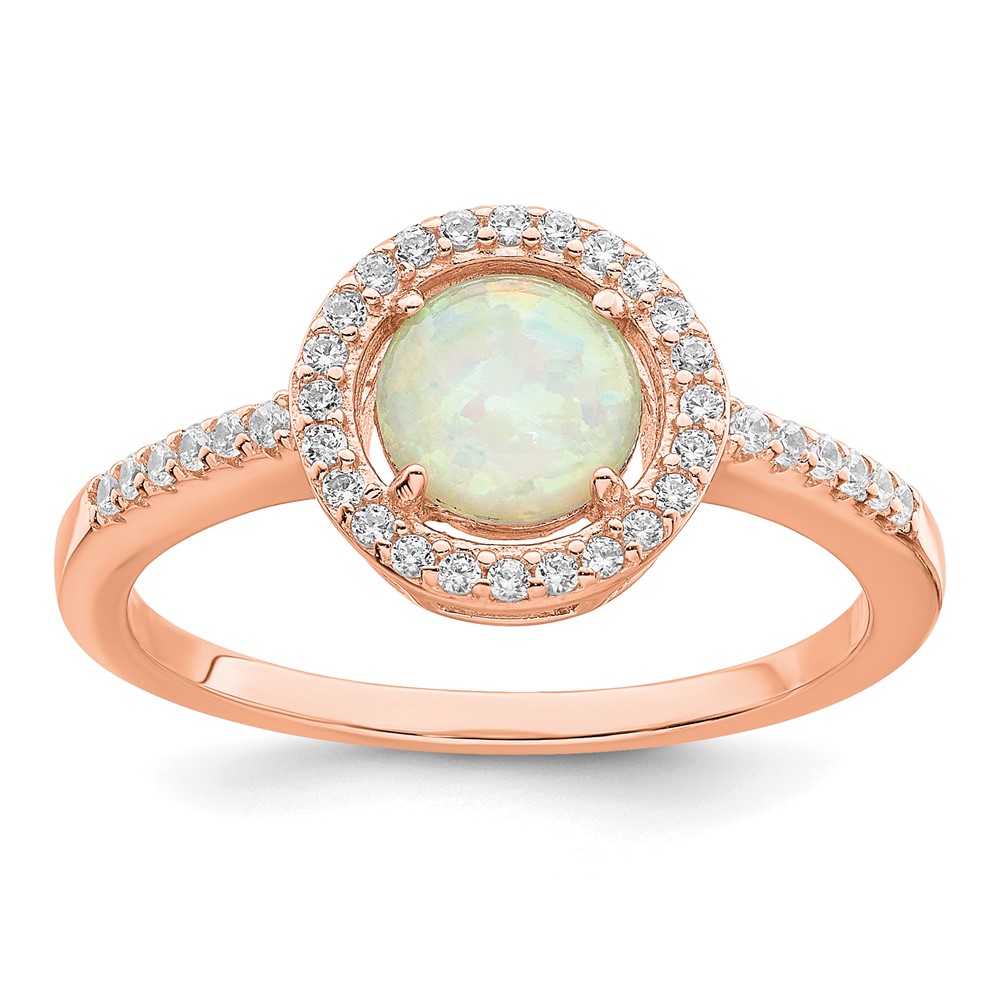 Sterling Silver Rose-tone White Created Opal CZ Halo Ring (QR7330-6)