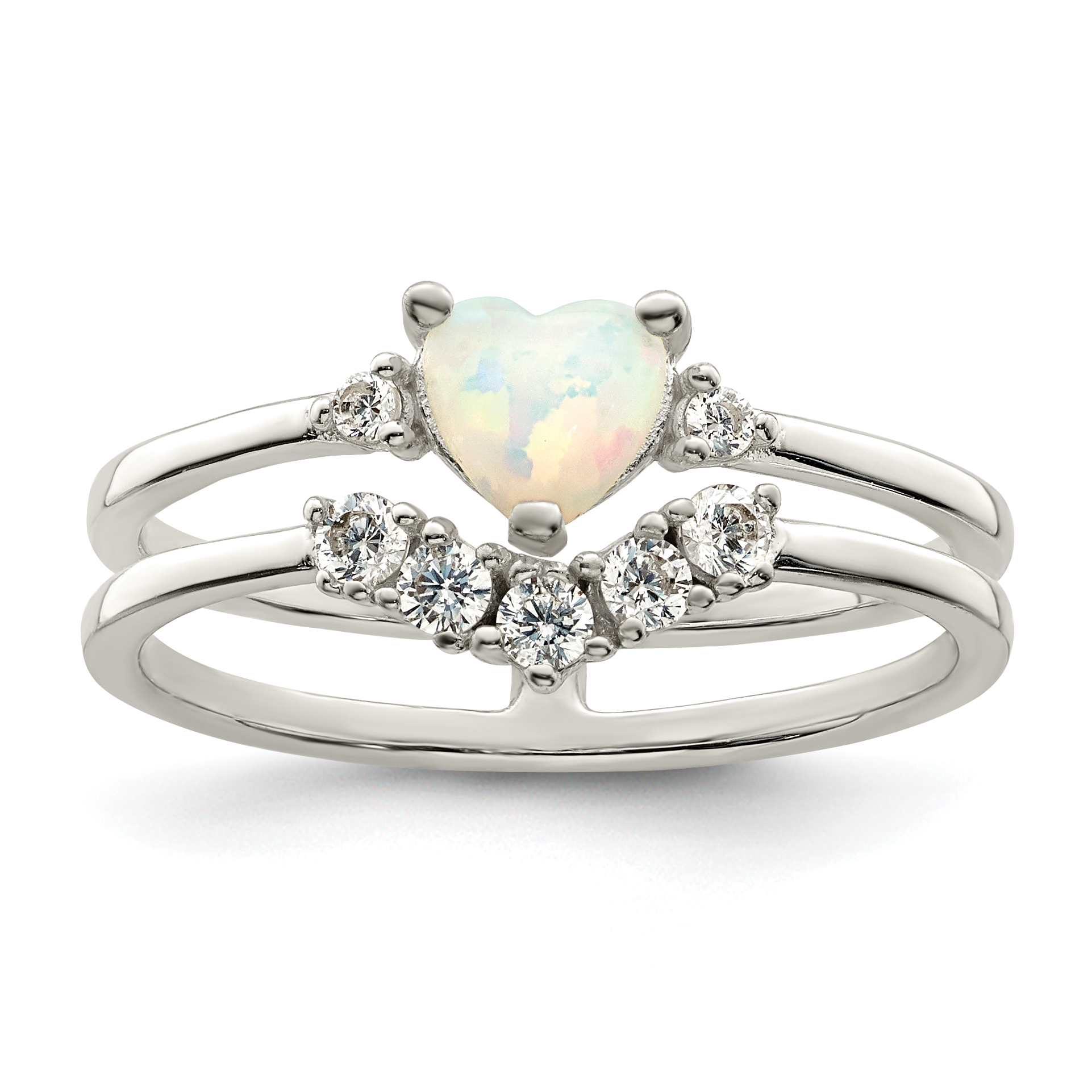 Sterling Silver CZ & Heart Created White Opal Double Band Ring (QR7331-6)
