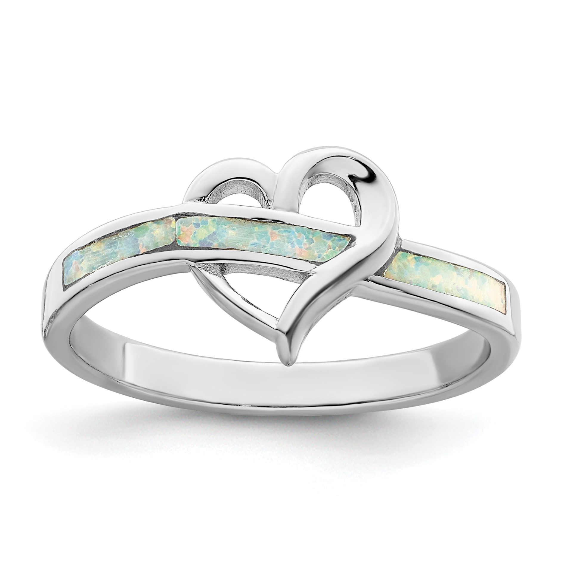 Sterling Silver Rhodium-plated White Created Opal Inlay Heart Ring (QR7334-7)