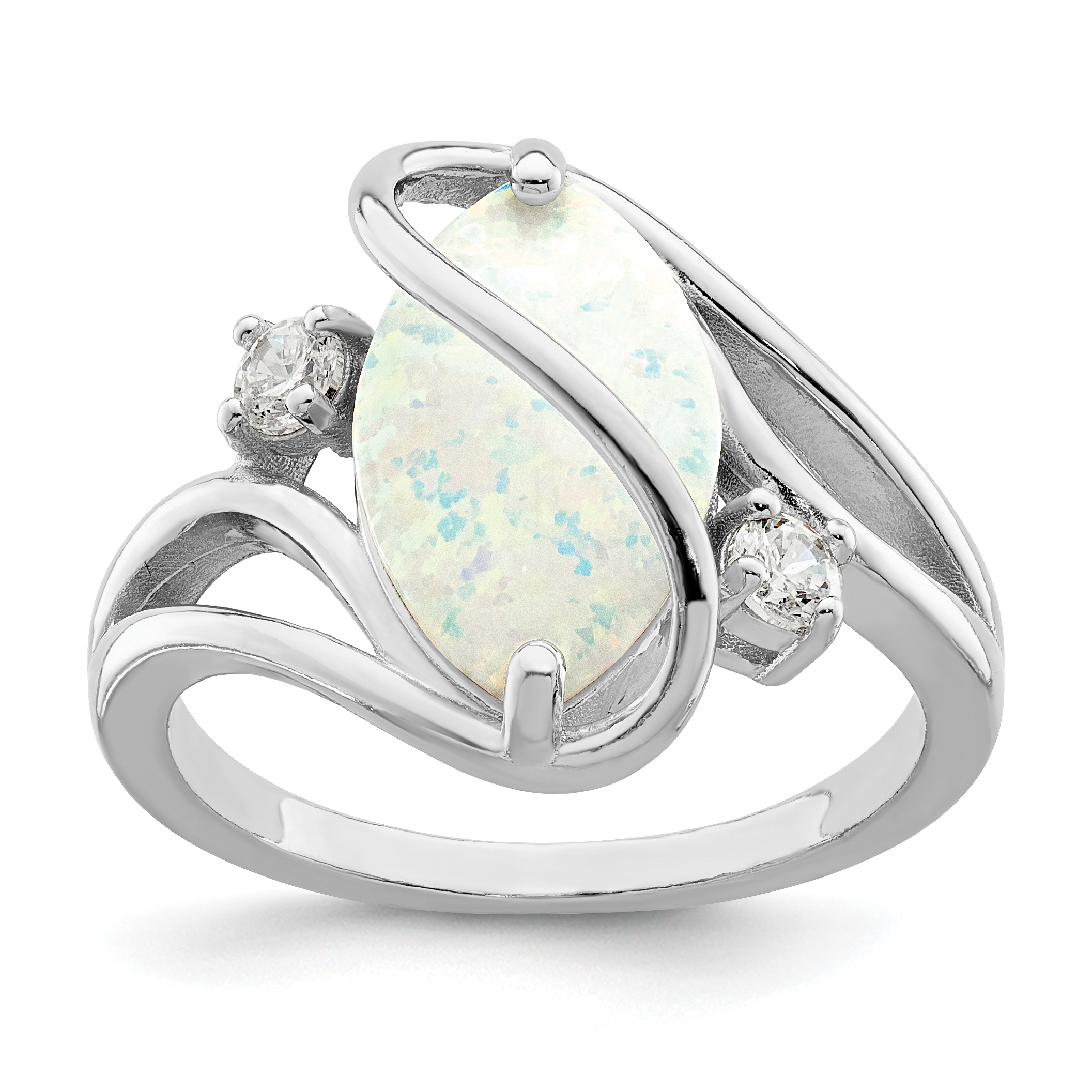 Sterling Silver Rhodium-plated White Created Opal & CZ Twist Ring (QR7335-6)