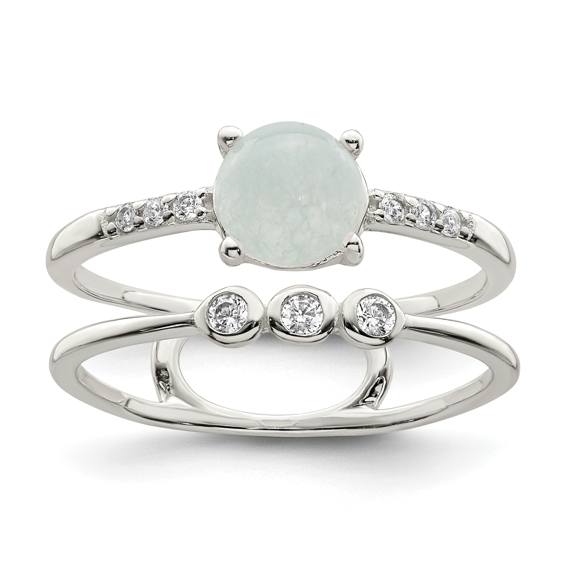 Sterling Silver Polished CZ and Light Blue Quartzite Double Ring (QR7336-6)