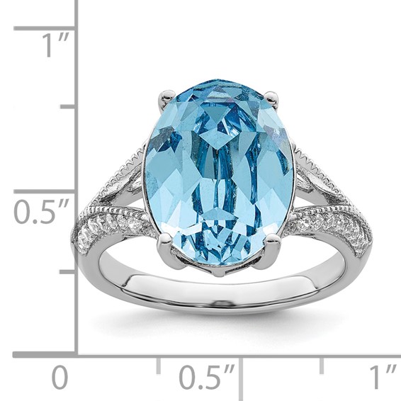 Sterling Silver Rhodium-plated Polished CZ and Blue Crystal Ring