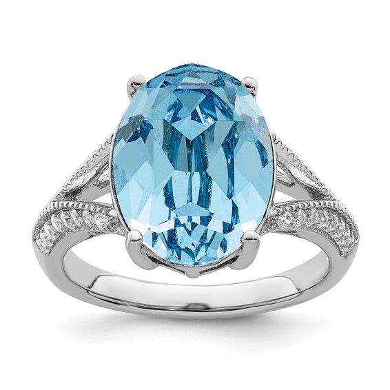 Sterling Silver Rhodium-plated Polished CZ and Blue Crystal Ring