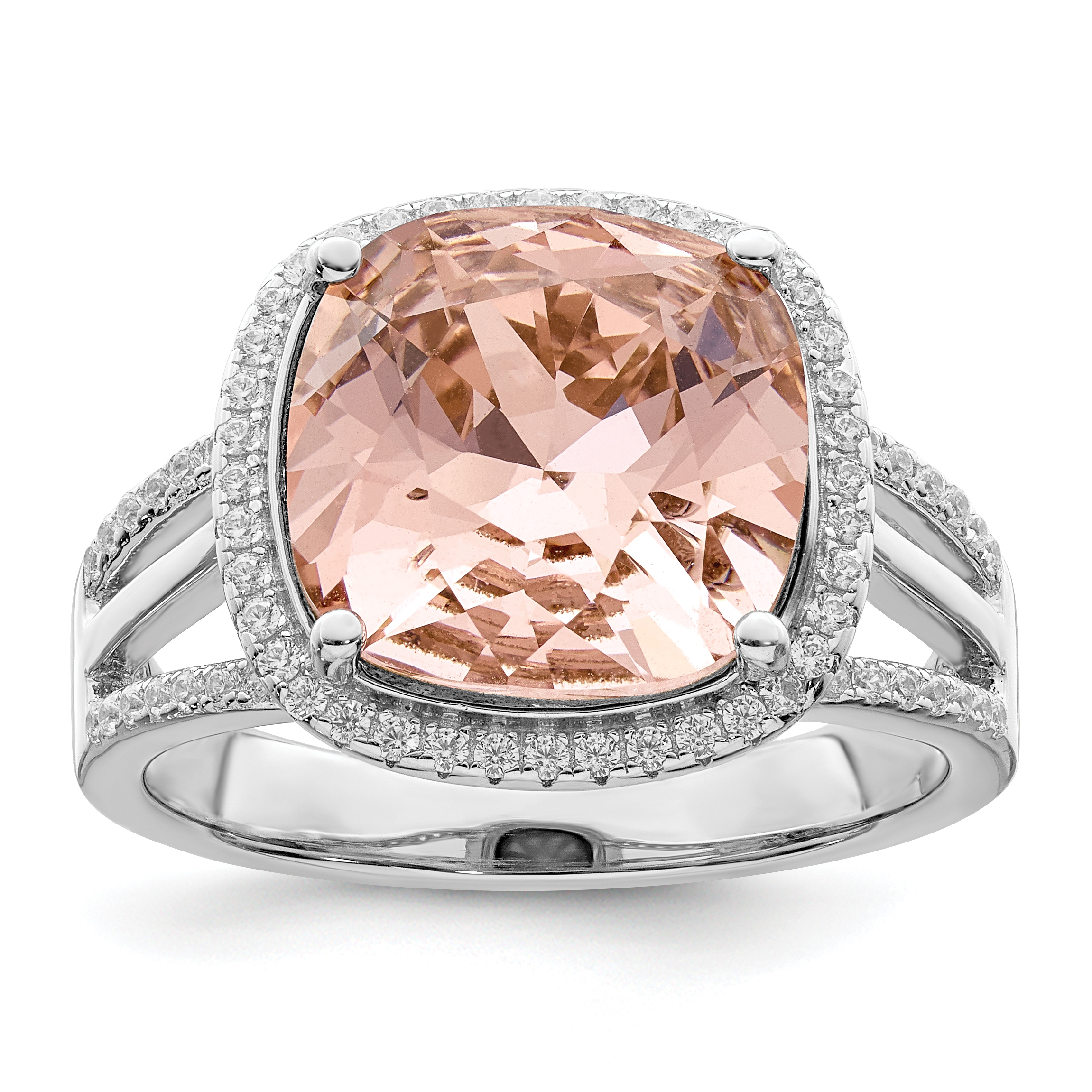 Sterling Silver Rhodium-plated Polished CZ & Peach Crystal Ring (QR7346-6)