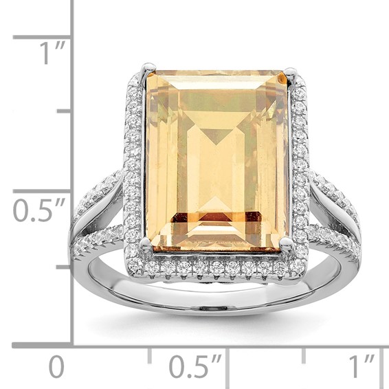 Sterling Silver Rhodium-plated Polished CZ & Yellow Crystal Ring