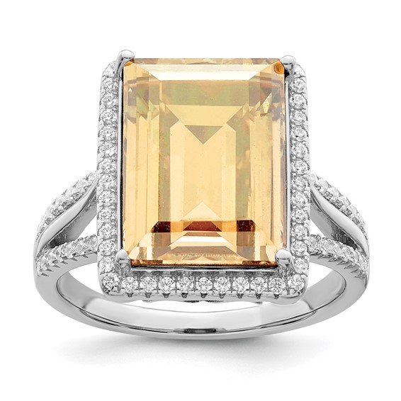 Sterling Silver Rhodium-plated Polished CZ & Yellow Crystal Ring
