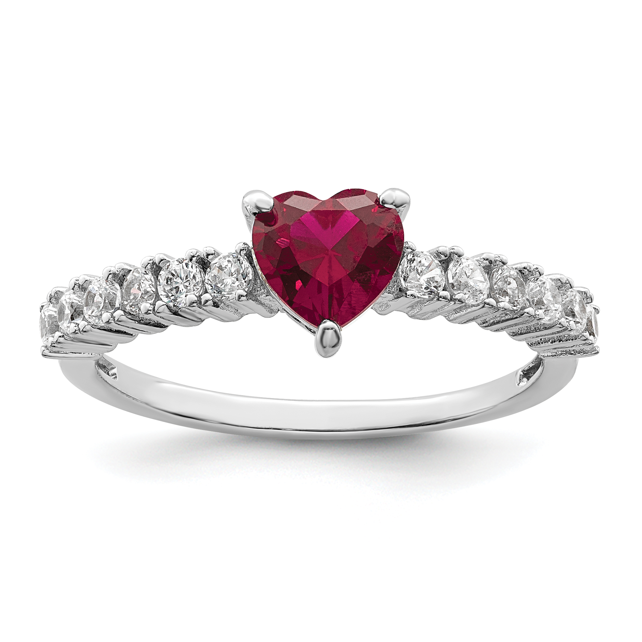 Sterling Silver Polished Rhodium-plated Created Ruby and CZ Heart Ring (QR7356-6)