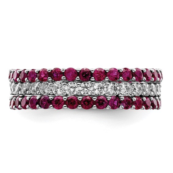 Sterling Silver Rhodium-plated Polished Pink & White CZ 3 Ring Set