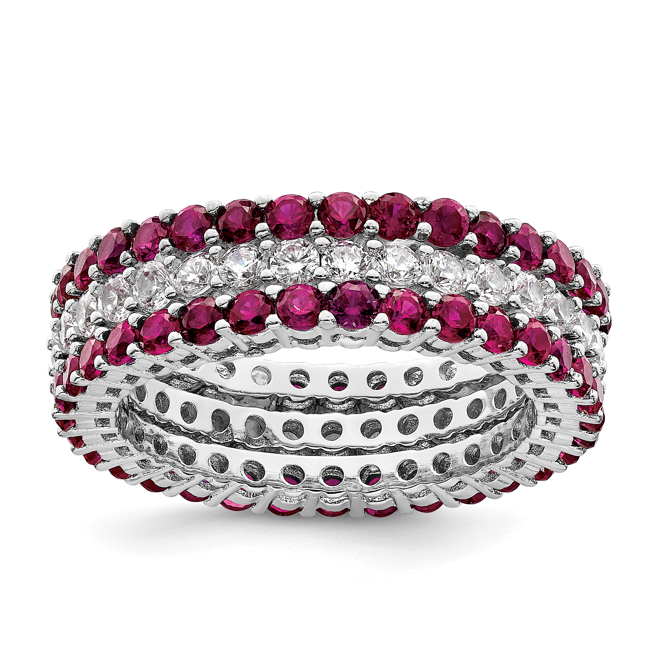 Sterling Silver Rhodium-plated Polished Pink & White CZ 3 Ring Set (QR7361-6)