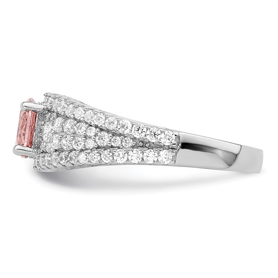 Sterling Silver Rhodium-plated CZ and Pink Glass Fancy Ring