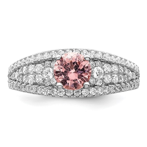 Sterling Silver Rhodium-plated CZ and Pink Glass Fancy Ring