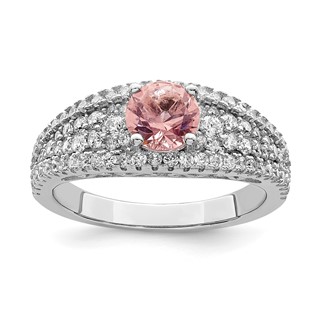 Sterling Silver Rhodium-plated CZ and Pink Glass Fancy Ring