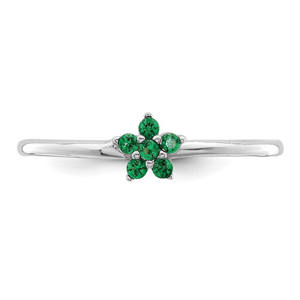 Sterling Silver Rhodium-plated Polished Green CZ Flower Ring (QR7383-8)