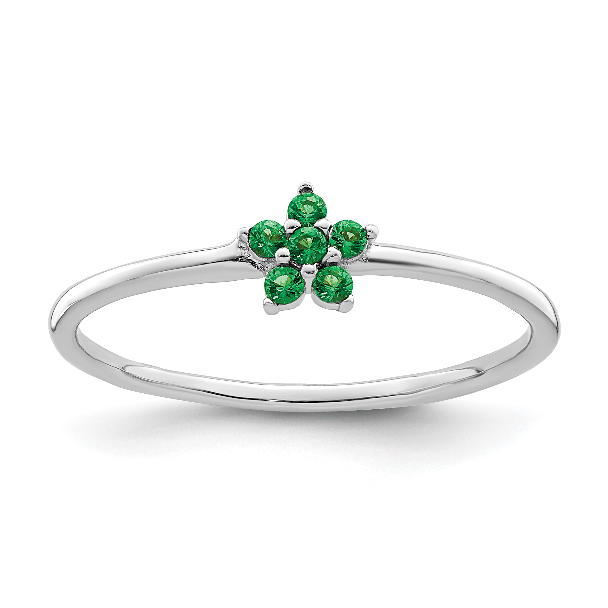 Sterling Silver Rhodium-plated Polished Green CZ Flower Ring (QR7383-6)