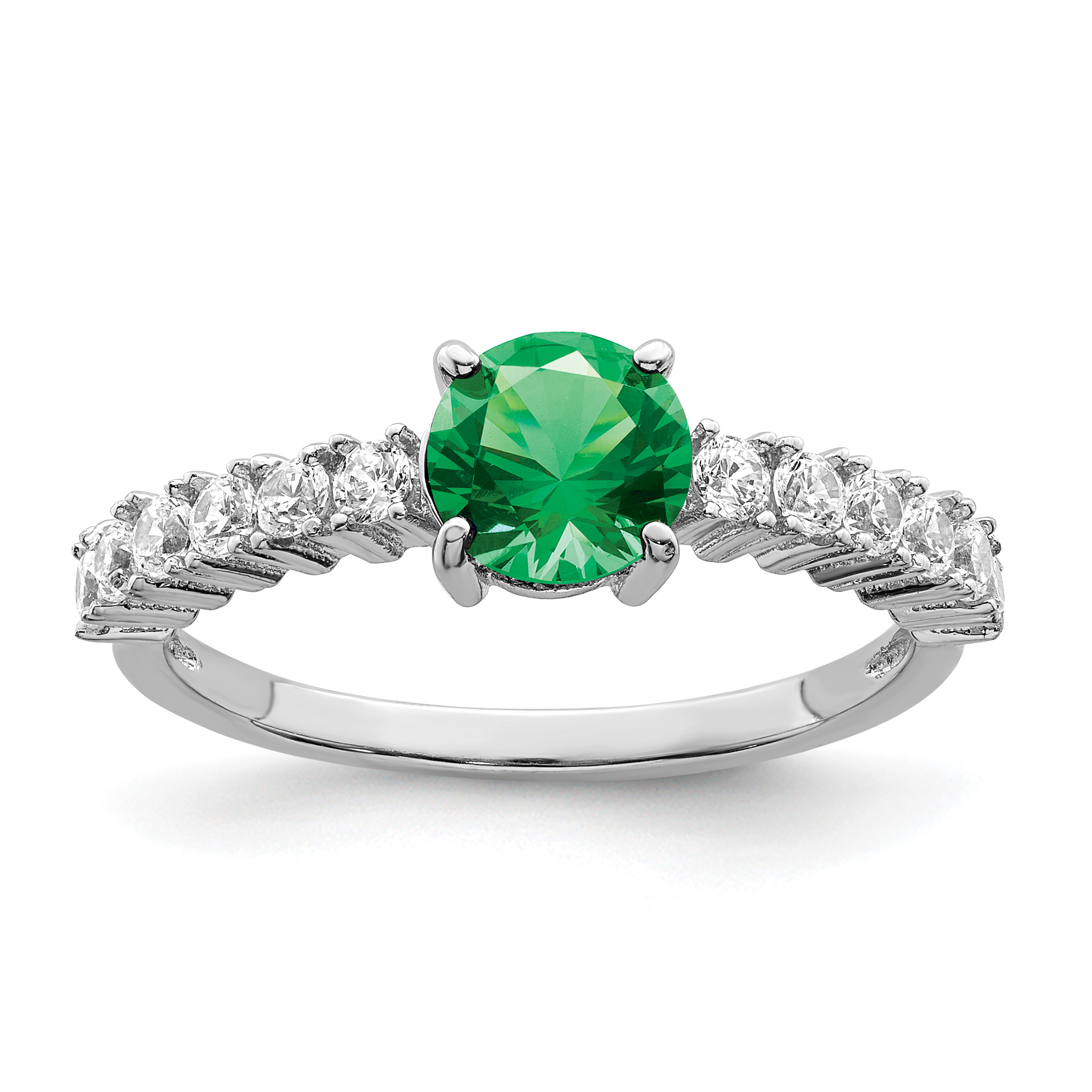 Sterling Silver Polished Rhodium-plated Green and Clear CZ Ring (QR7385-7)