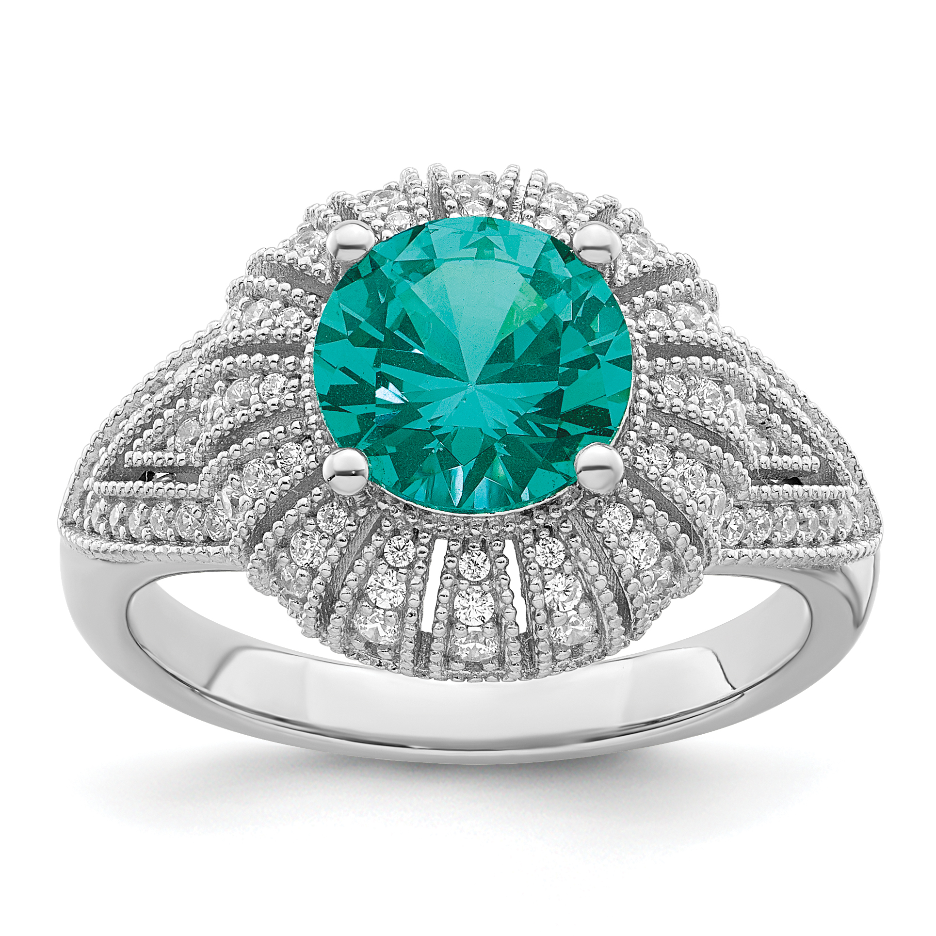 Sterling Silver Rhodium-plated Clear and Teal CZ Vintage Style Ring (QR7397-6)