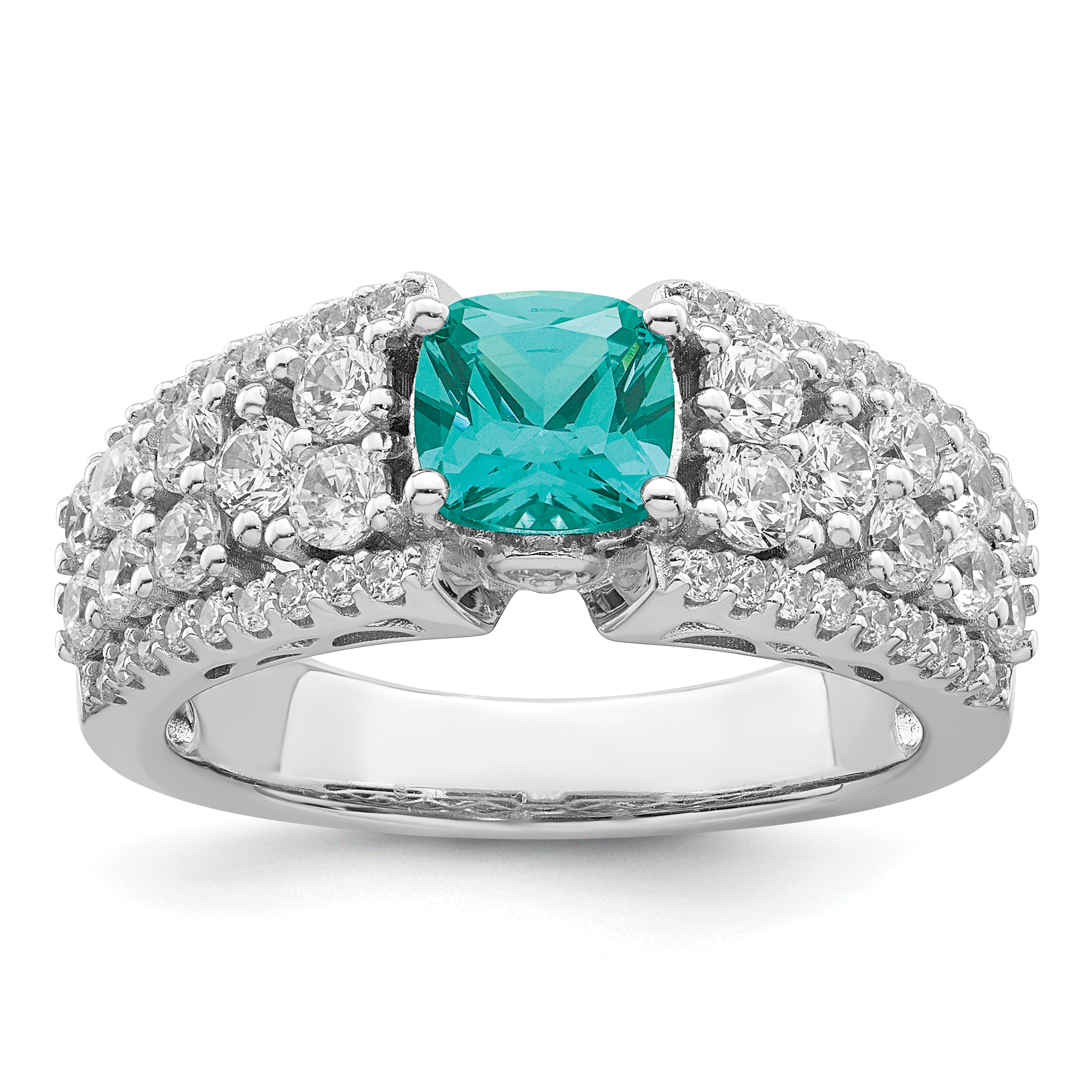 Sterling Silver Rhodium plated White and Teal CZ Ring (QR7399-6)