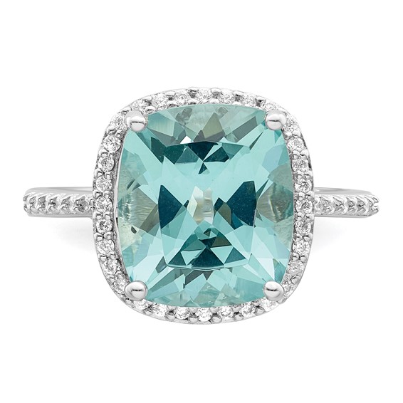 Sterling Silver Rhodium-plated Light Blue Crystal CZ Halo Ring