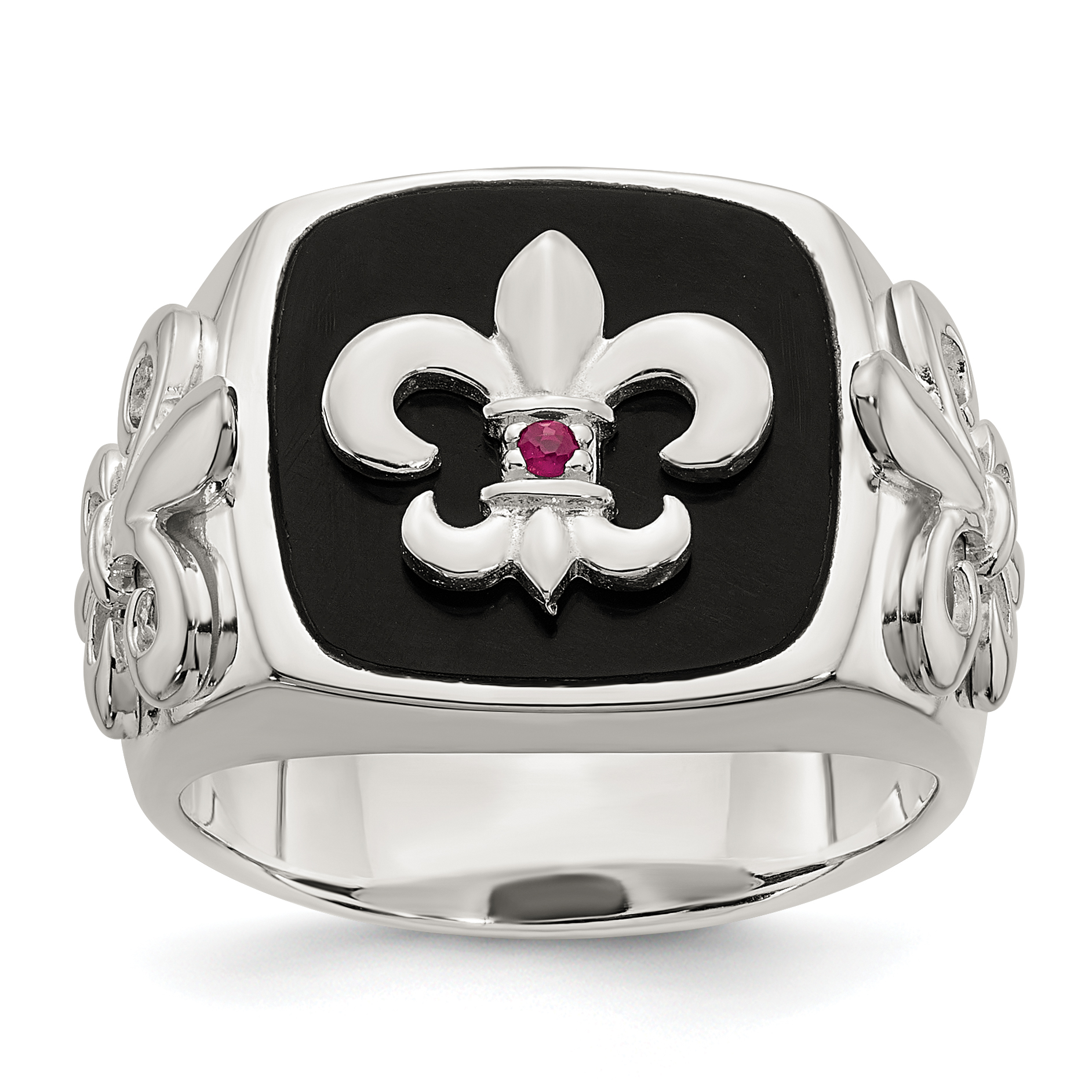 Sterling Silver .03Ruby/Black Agate Fleur de Lis Ring (QR7409-11)