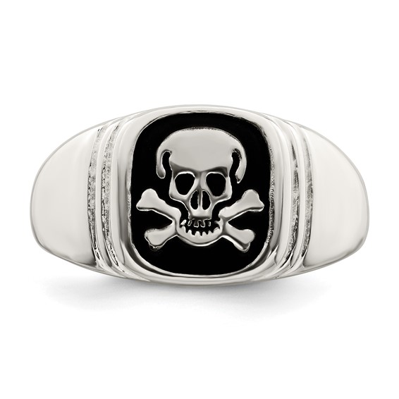 Sterling Silver Black Enameled Mens Skull and Crossbones Ring