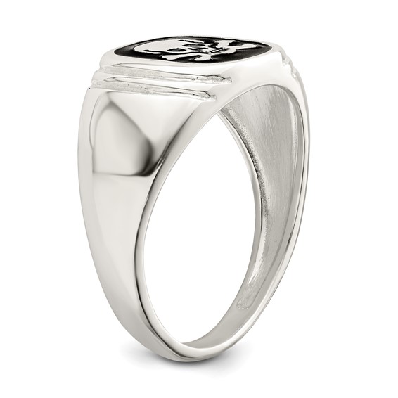 Sterling Silver Black Enameled Mens Skull and Crossbones Ring