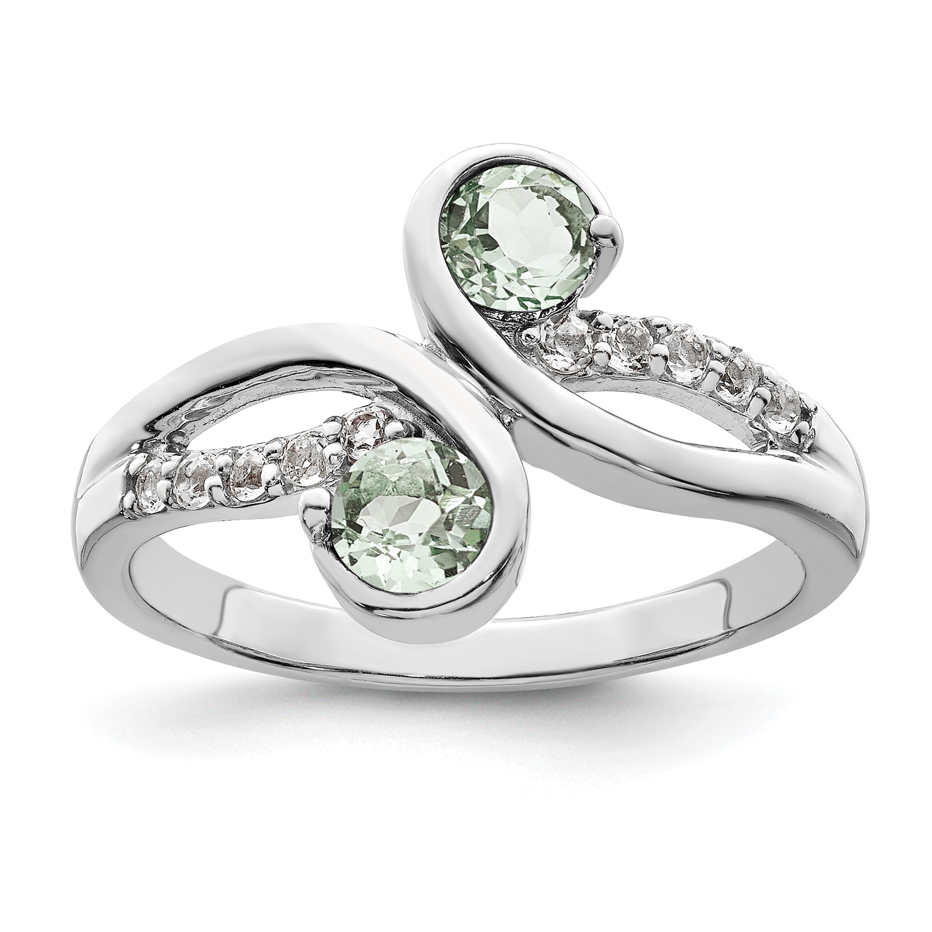 SS Rhod-plated .6t.w. Green Quartz & White Topaz Swirl Ring (QR7413AG-7)